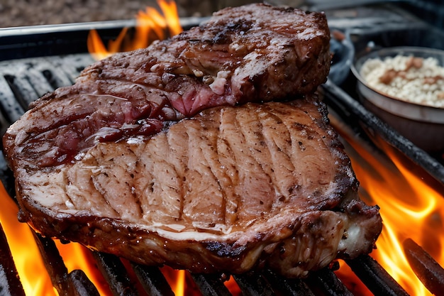 Foto um bife a escaldar na grelha.