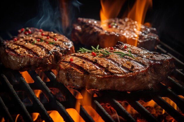 Foto um bife à grelha com chamas e fumaça.