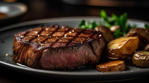 Um bife com batatas e legumes num prato