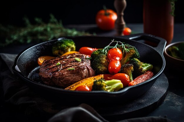 Um bife com legumes e carne em uma panela