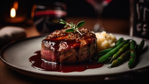 Um bife com molho vermelho fica em um prato com purê de batatas e um copo de vinho tinto.