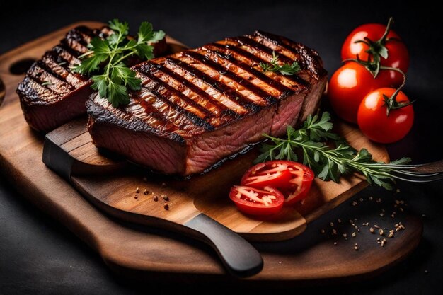 Foto um bife com tomates e uma faca numa tábua de cortar