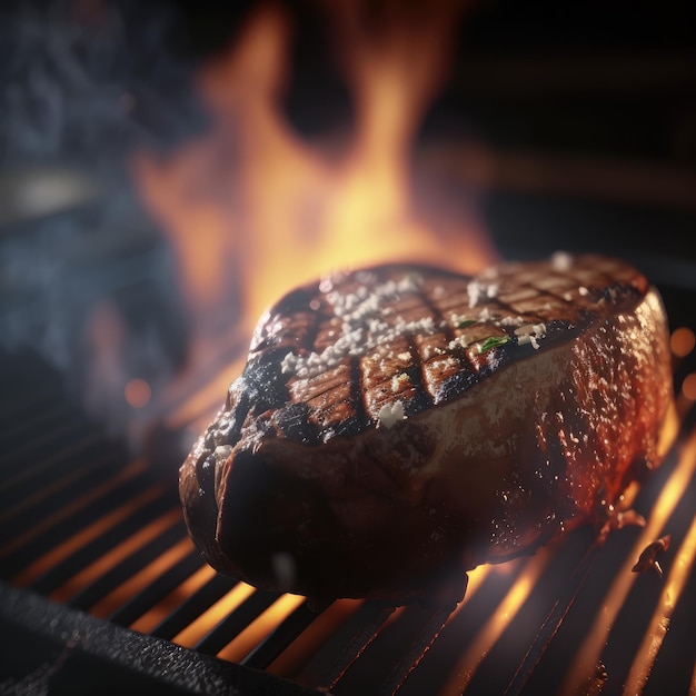 Um bife com um raminho de alecrim e ervas sobre uma grelha. carne grelhada. ai gerado