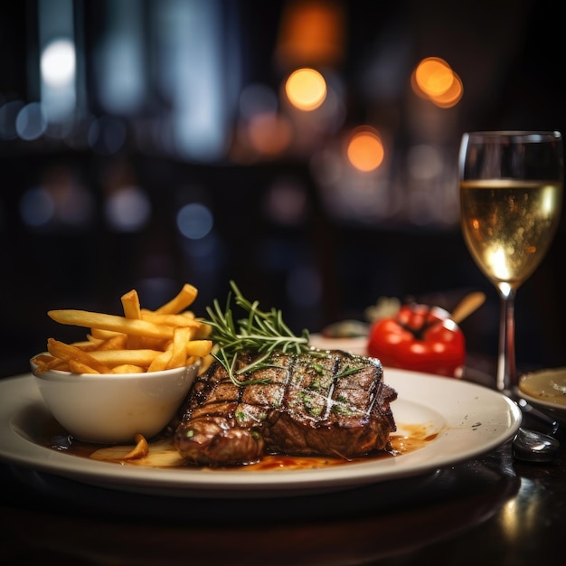 Um bife com uma porção de batatas fritas e um restaurante turvo de bebida ao fundo