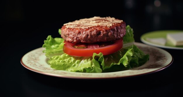Um bife de hambúrguer num prato com alface conceito de fast food IA generativa