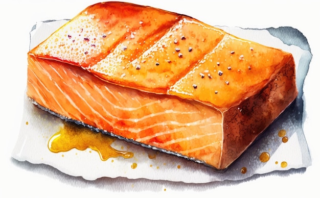 Um bife de salmão defumado quente desenhado em ilustrações de frutos do mar em aquarela de fundo branco geradas
