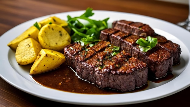 Um bife deliciosamente cozido com batatas e legumes temperados