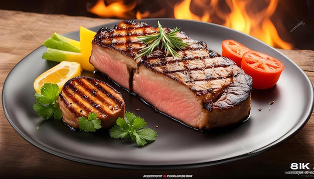 um bife e legumes estão em um prato com um fogo ao fundo