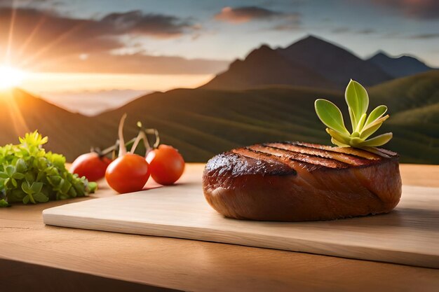 Um bife e tomates numa tábua de cortar com um pôr-do-sol ao fundo.