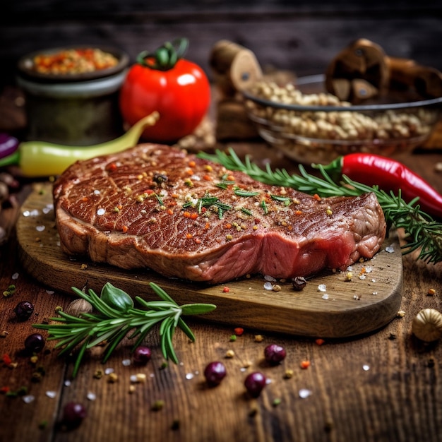 Um bife e uma pimenta estão sobre a mesa.