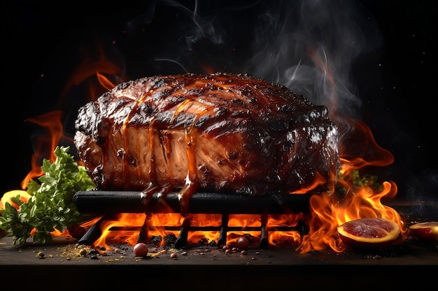 Um bife em um churrasco de carne com chamas ao fundo