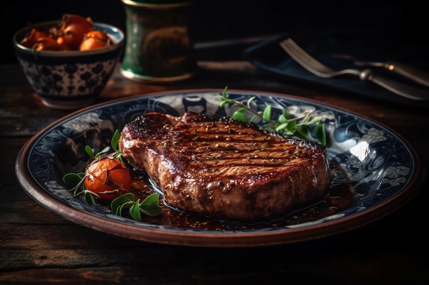 Um bife em um prato com um prato de legumes e uma tigela de molho.