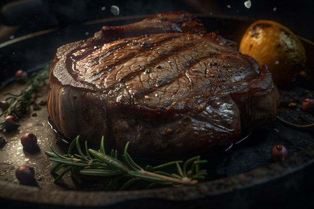 Um bife em uma frigideira com uma batata nele