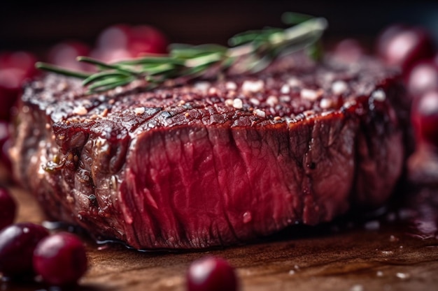 Um bife em uma mesa de madeira com cranberries ao lado