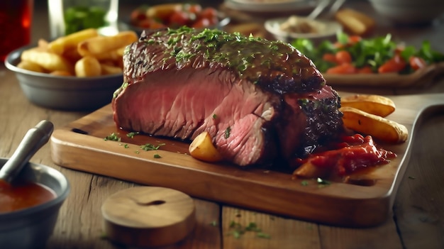 Um bife em uma tábua com legumes