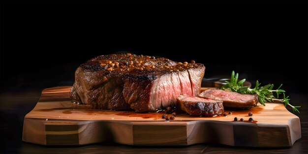 Um bife em uma tábua com um tomate vermelho ao lado.