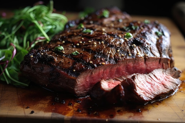 Foto um bife em uma tábua com uma salada verde ao lado generative ai