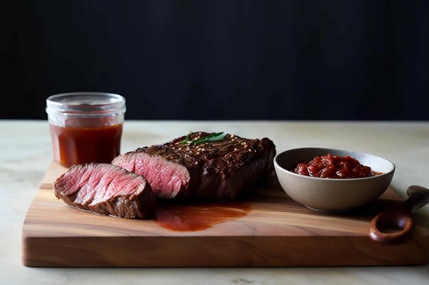 Um bife em uma tábua com uma tigela de tomate