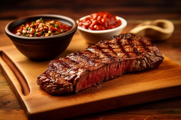 Foto um bife em uma tábua com uma tigela de tomate