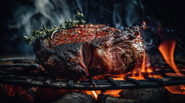 Um bife escaldante em um churrasco defumado com carvão vermelho generativo ai