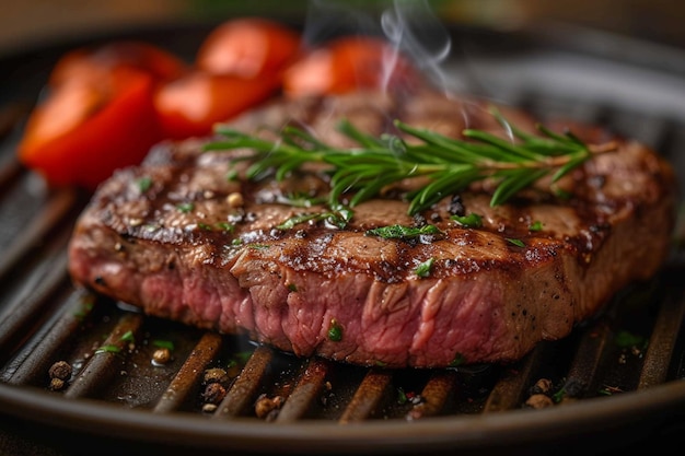 Um bife grelhado suculento e raro num prato pronto para comer.