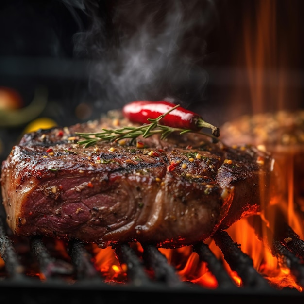 Um bife na grelha com pimenta vermelha por cima.