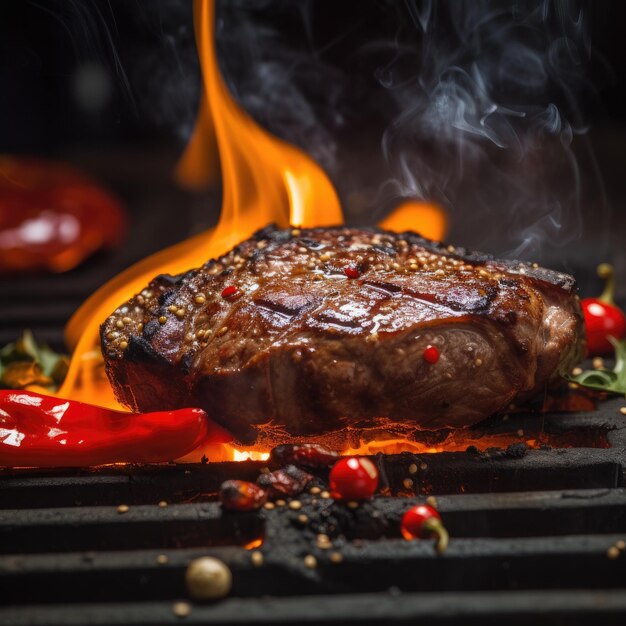 Um bife na grelha com uma chama e pimentão.