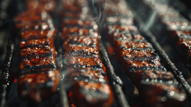 Um bife premium brilha com sucos em uma grelha de churrasco quente cercado por um brilho quente pronto para deliciar o paladar