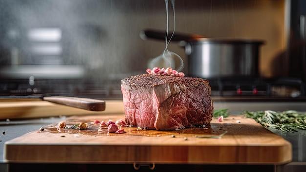 Um bife sendo cozido em uma tábua com uma colher sobre ele.