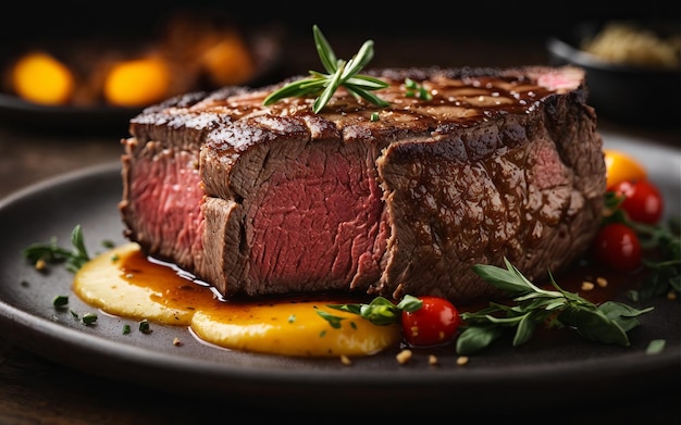 Um bife suculento com uma deliciosa guarnição num prato