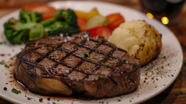 Um bife suculento cozido ao seu gosto servido com batatas assadas e legumes cozidos ao vapor