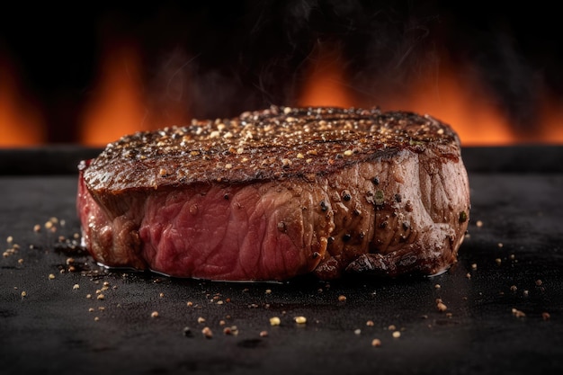 Um bife suculento cozinhando com uma chama ao fundo