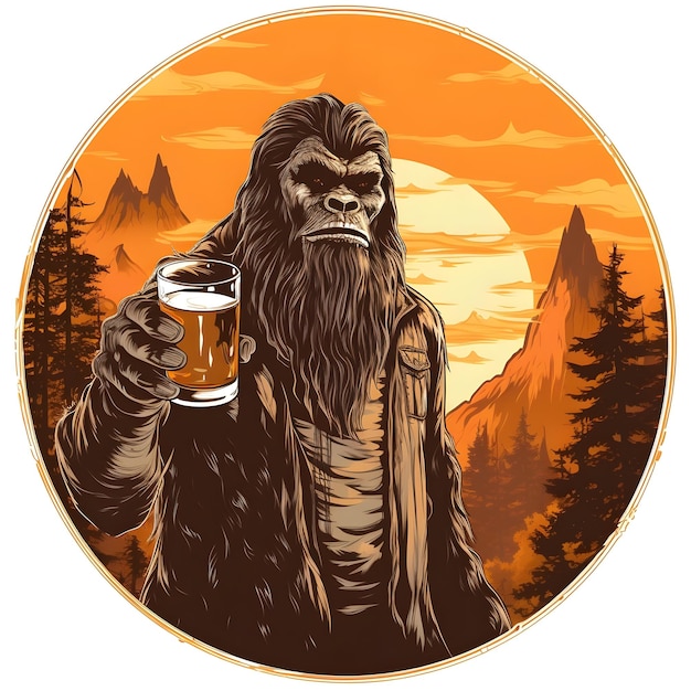 Foto um bigfoot segurando uma cerveja na frente de uma montanha