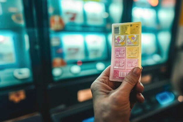 Um bilhete de loteria colorido na mão, em fundo, insinuando a antecipação e a chance de uma mudança de vida