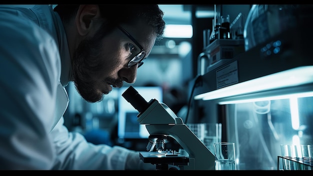 um biotecnólogo olha através de um microscópio sua expressão focada ainda curiosa como ele explora