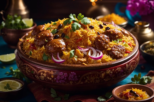 Um biryani colorido e vibrante cozido com uma variedade de especiarias e ervas