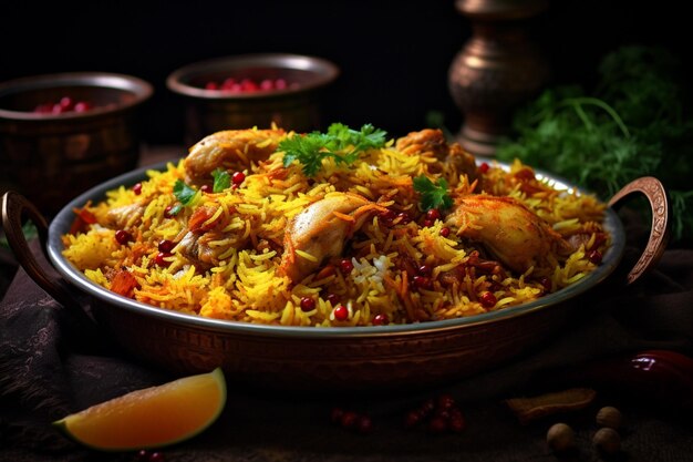 Um biryani gourmet com arroz azafrão e frango é visualmente atraente