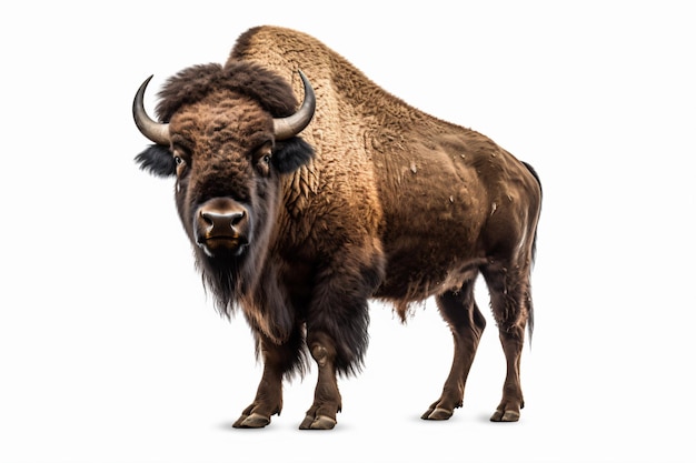 Um bisão com nariz grande e chifres grandes fica sobre um fundo branco.