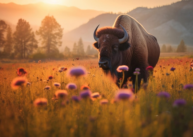 Foto um bisão é um grande bovino do gênero bison