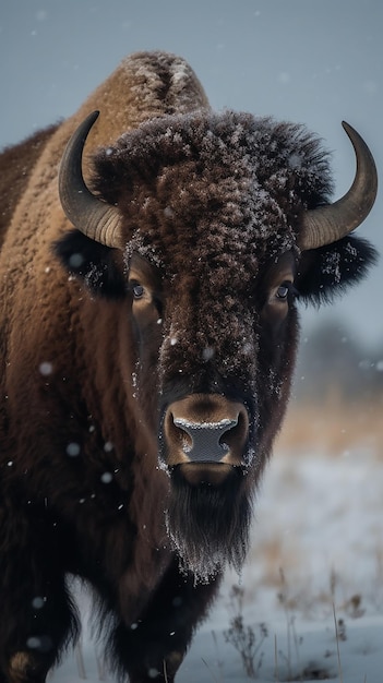 Um bisão em um campo nevado com neve no rosto