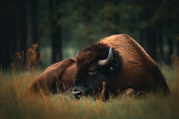 Um bisão está descansando na grama na floresta.