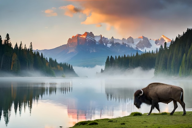 Um bisão fica na grama perto de um lago com montanhas ao fundo.