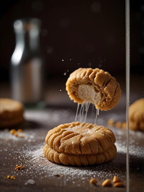 um biscoito sendo derramado em um copo de medição