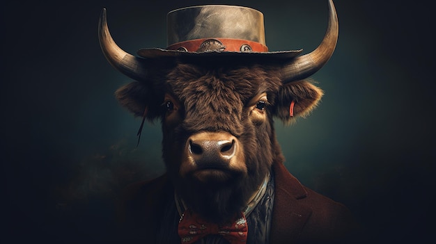 Foto um bisonte com um pequeno chapéu de cowboy no fundo