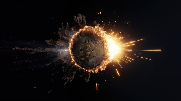 um bitcoin explodindo no ar