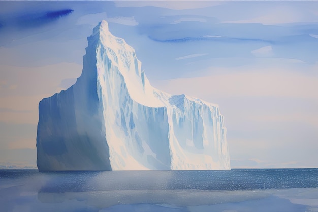 Um bloco congelado de um iceberg que quebra a prateleira flutua na ilustração em aquarela do oceano
