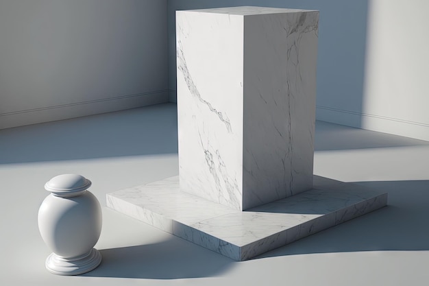 Um bloco de mármore branco com um vaso ao lado.