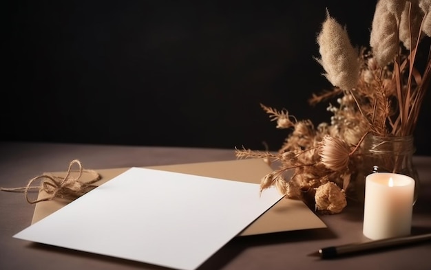 Um bloco de notas com uma caneta e um buquê de flores sobre uma mesa