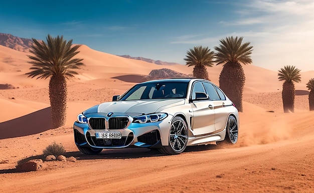 Um BMW branco está dirigindo pelo deserto