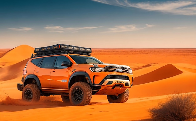 Um BMW branco está dirigindo pelo deserto